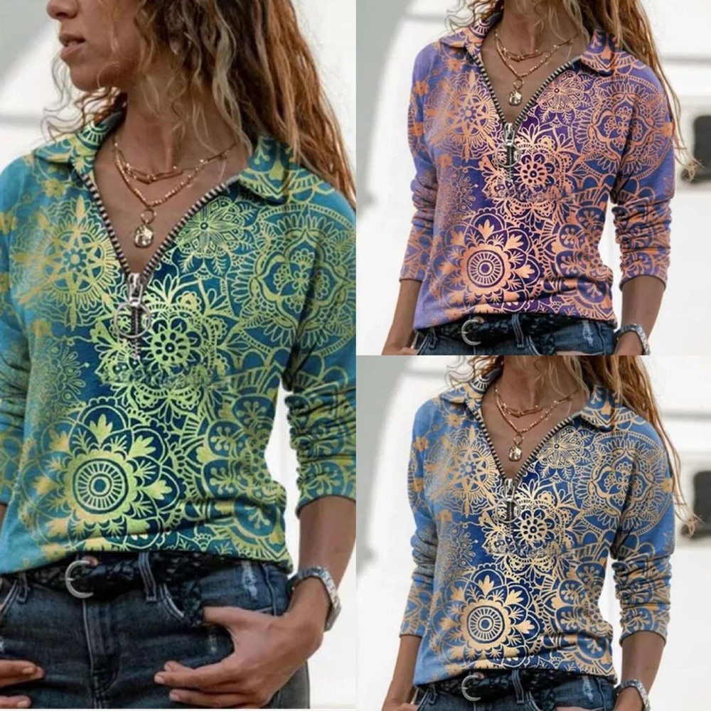 Women’s Casual Printed Long Sleeve Slim T-Shirt with Lapel Collar