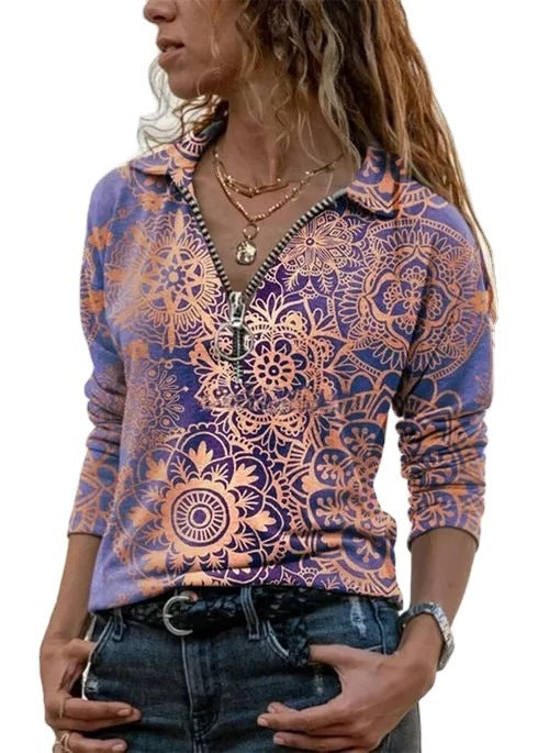 Women’s Casual Printed Long Sleeve Slim T-Shirt with Lapel Collar